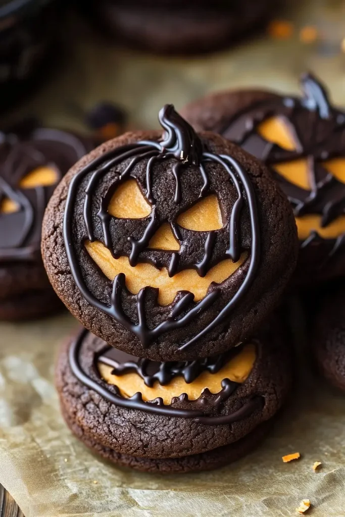 Peanut Butter Stuffed Chocolate Jack-O’-Lantern Cookies