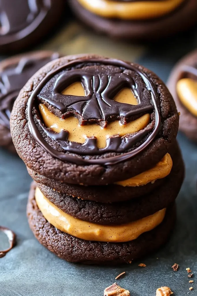 Peanut Butter Stuffed Chocolate Jack-O’-Lantern Cookies