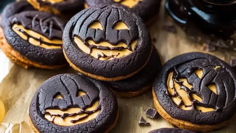 Peanut Butter Stuffed Chocolate Jack-O’-Lantern Cookies