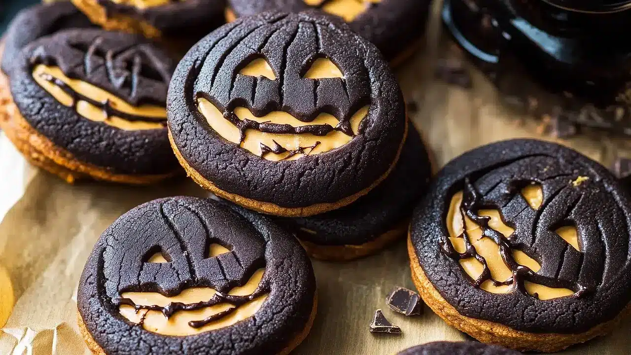 Peanut Butter Stuffed Chocolate Jack-O’-Lantern Cookies